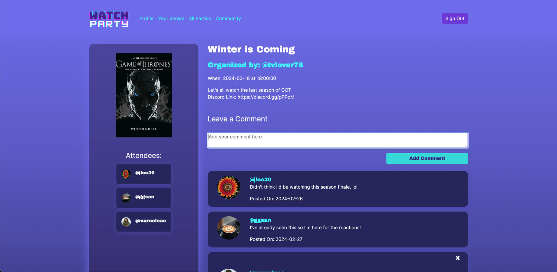 Watch Party Page